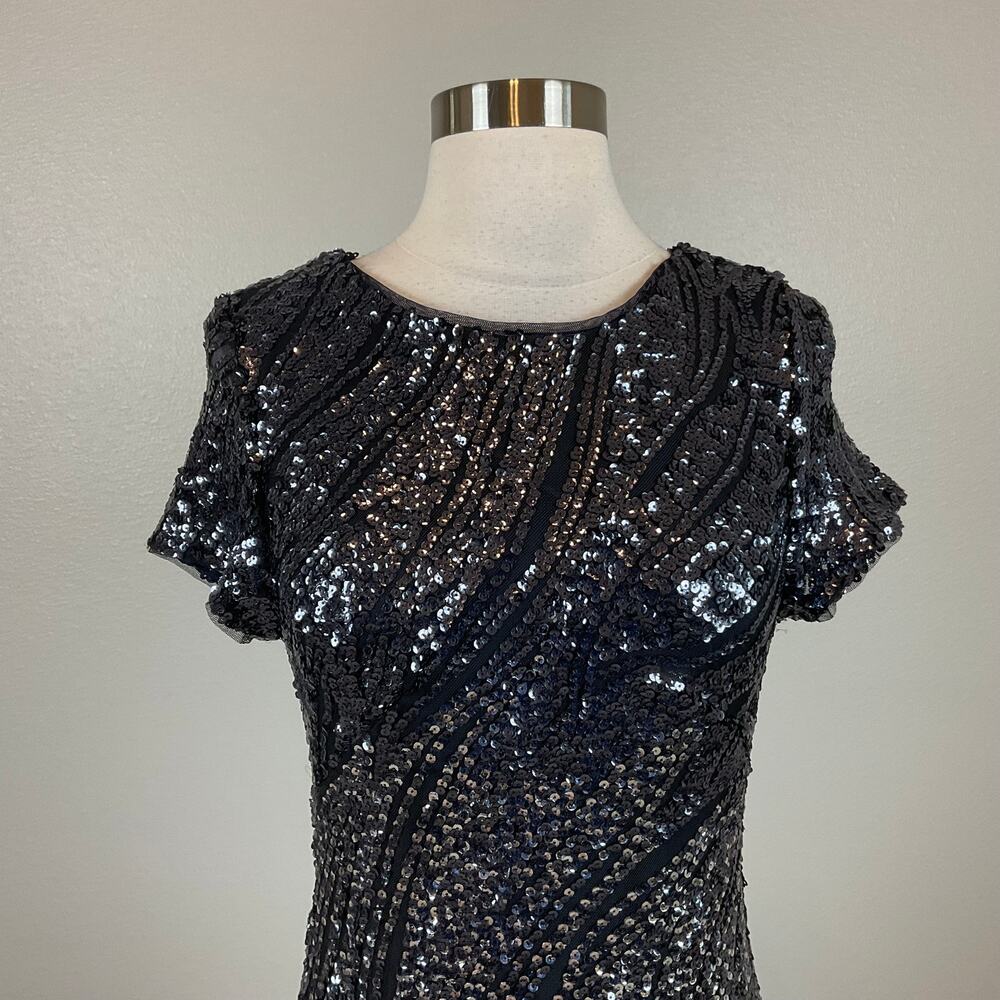 Betsy & Adam Black and Silver Cocktail Dress Sequin Sparkly Midi Sheath Size 10 - Picture 6 of 10